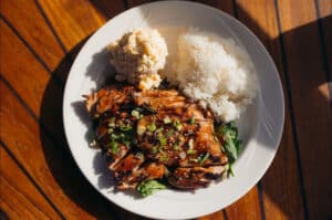 Chart House's Happy Hour Rice and Chicken with a Side of Mac Salad