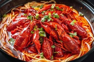 Crawfish on top of noodles